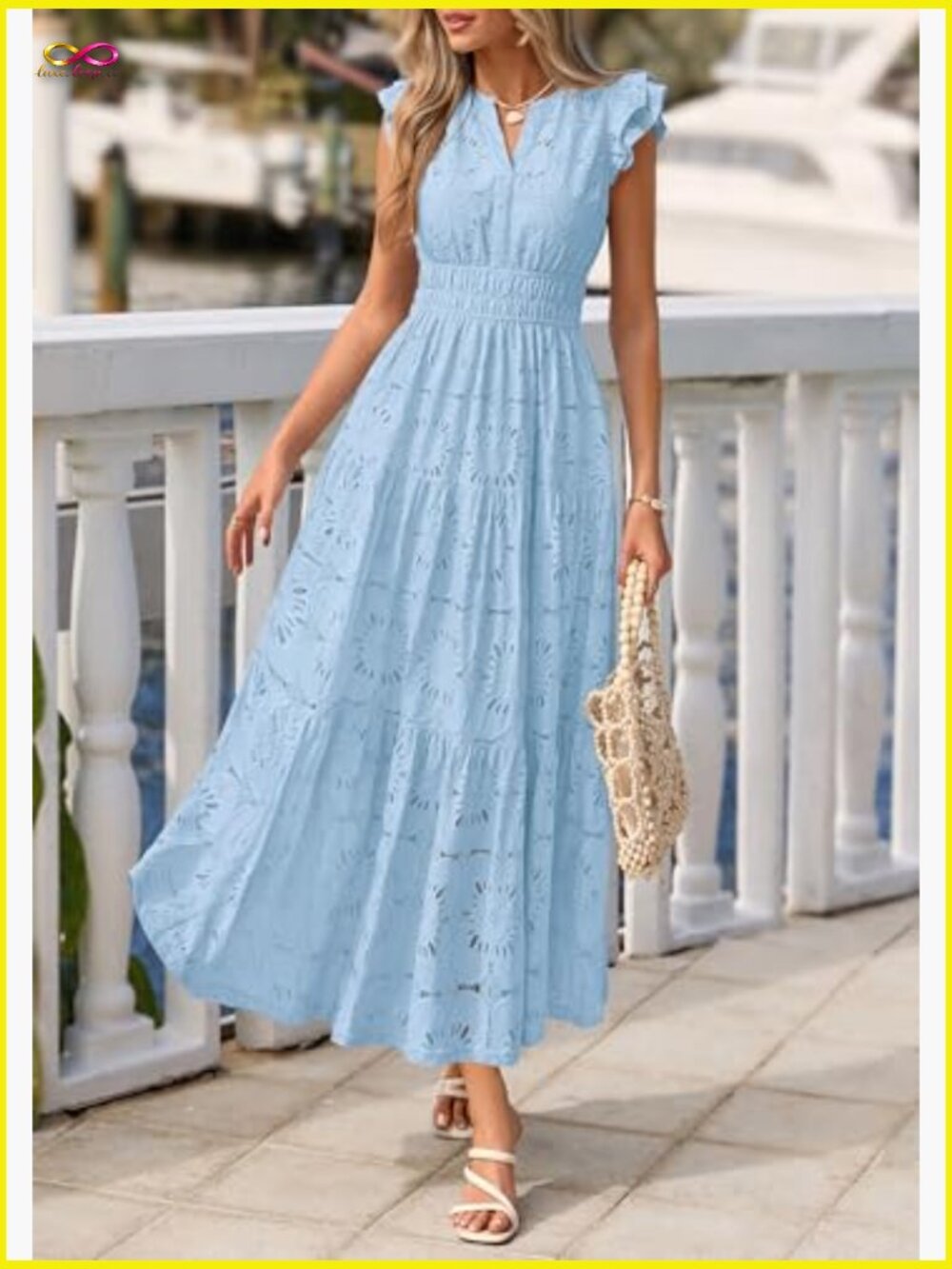 Boho Maxi Dress V Neck Eyelet Lace Tiered Flowy Wedding Guest Summer - Picture 6 of 7